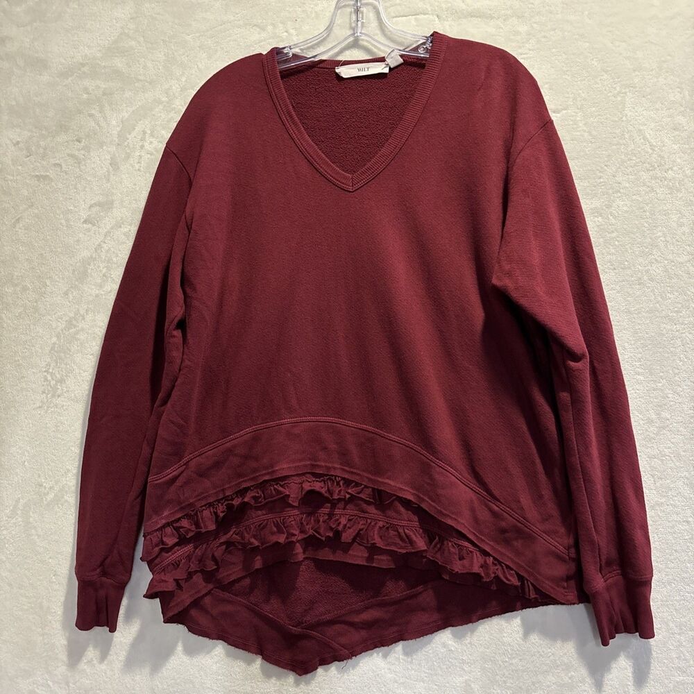 Wilt Ruffle Trim Asymmetrical Sweatshirt Burgundy Women's Size Small Lagenlook